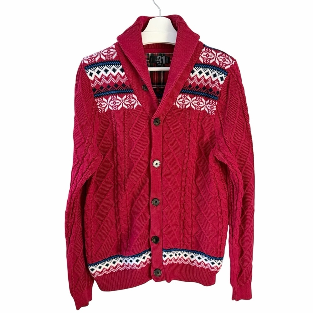 LE 31 SIMONS Red Fair Isle Shawl Collar Cotton Cardigan m - Picture 3 of 13
